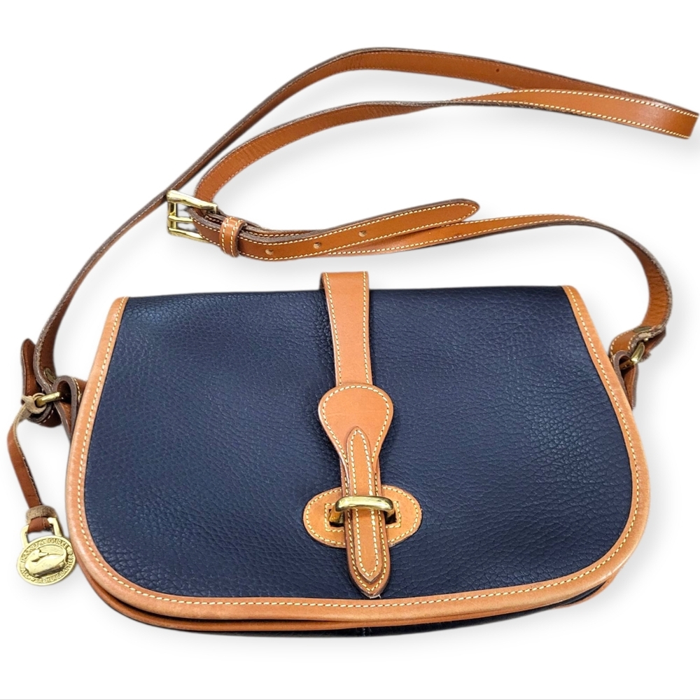 DOONEY & BOURKE Leather Crossbody Saddle Bag Navy Tan